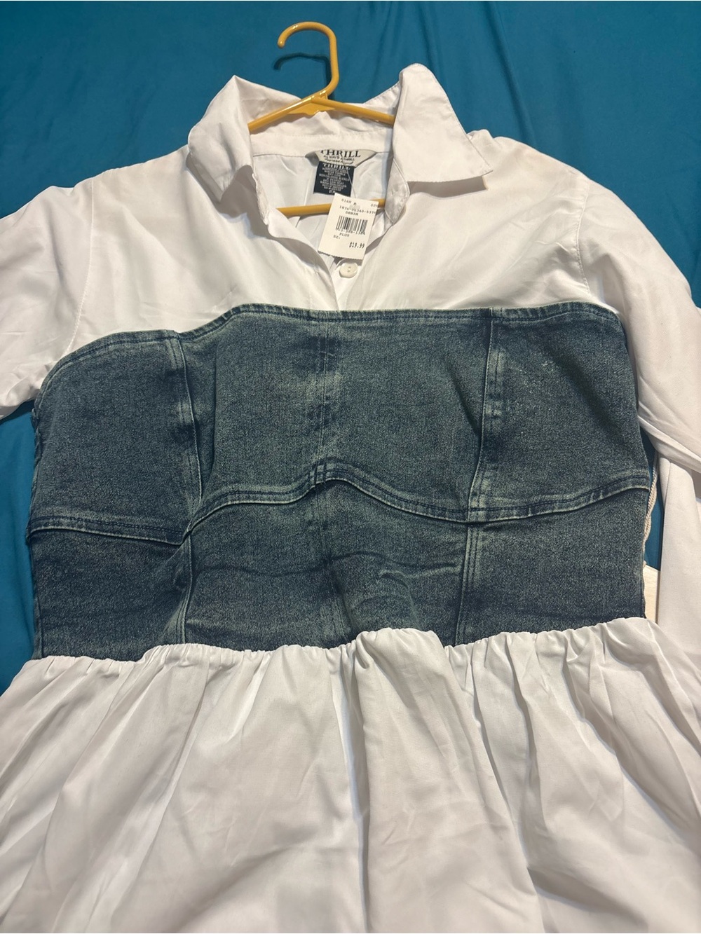 Thrill White Shirt Dress with Denim Blue Bust Panel